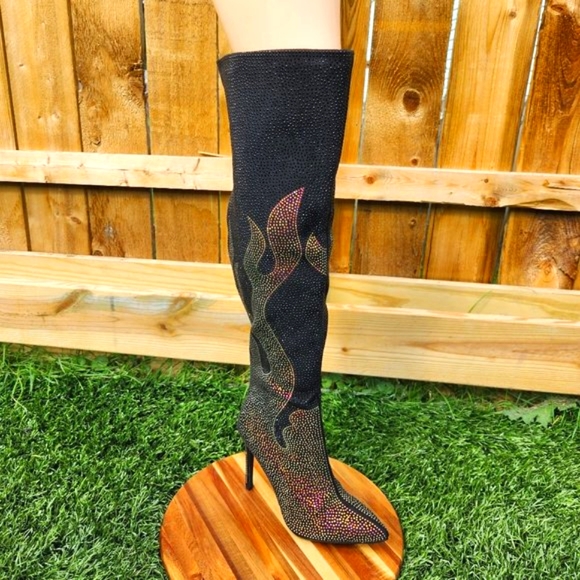 Sexy & Fun Black & Gold Rhinestone Flame Detail Sexy OTK Thigh Boots - Picture 5 of 16